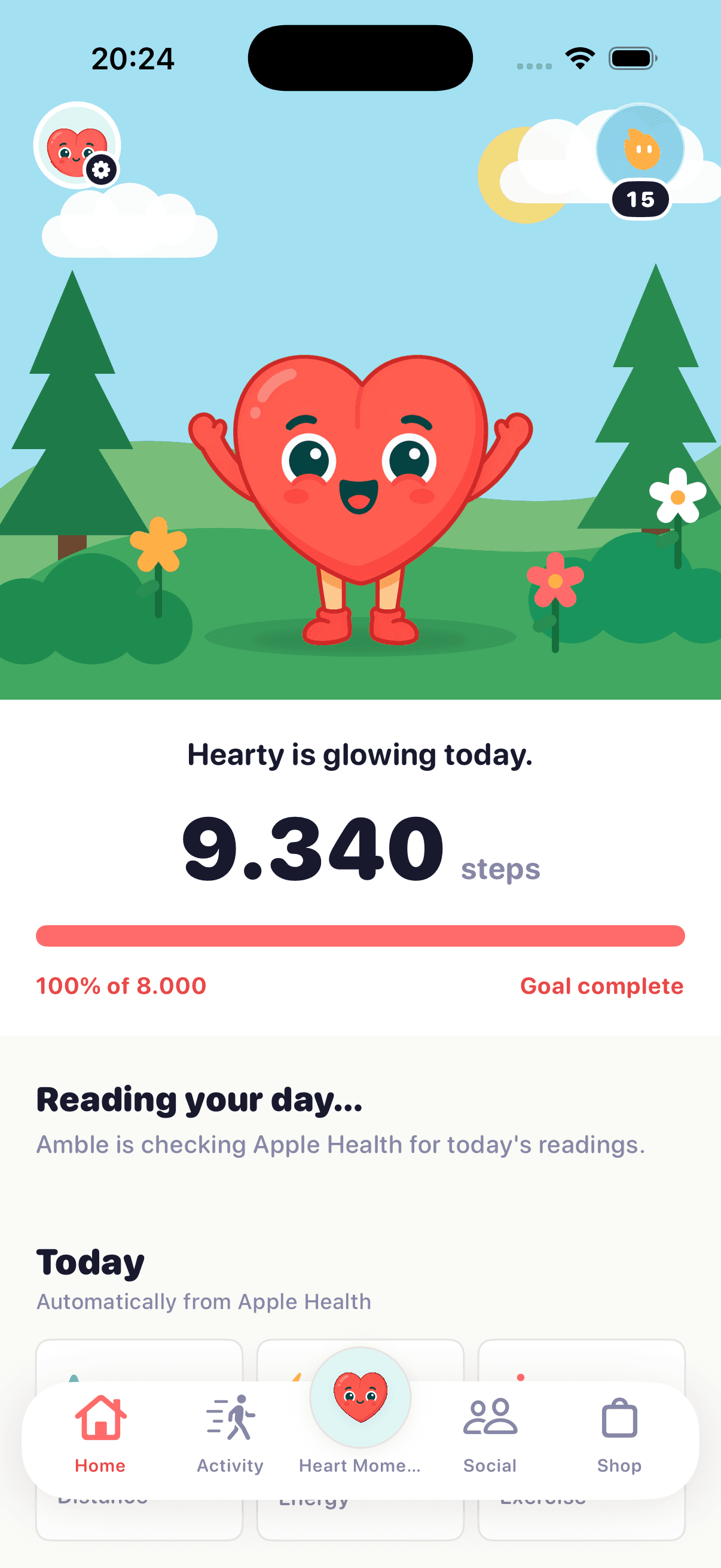 Amble Home screen showing Hearty, a completed step goal, and daily movement insights