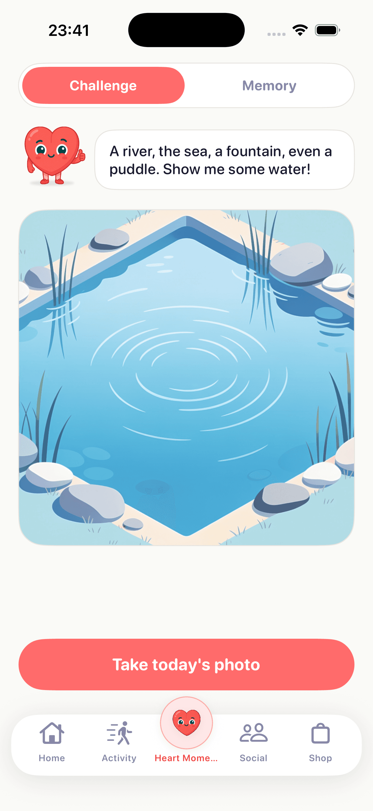 Amble Heart Moments screen offering a mindful photo challenge beside a pond