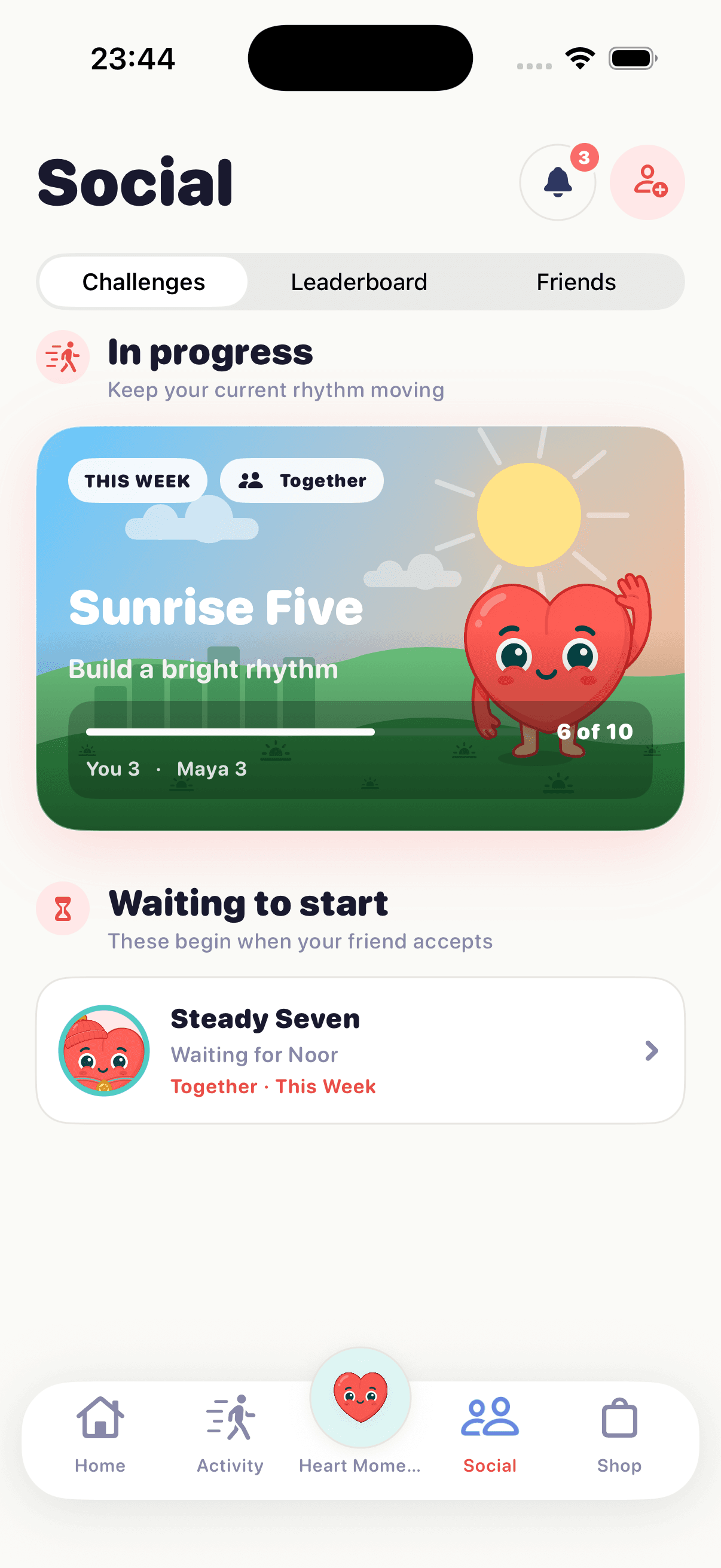 Amble Social screen showing a shared Sunrise Five movement challenge