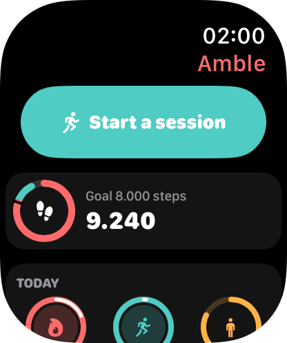 Amble Apple Watch dashboard with session start, step goal, and activity rings