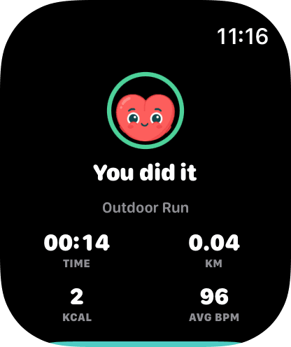 Amble completed Outdoor Run summary with time, distance, calories, and average heart rate